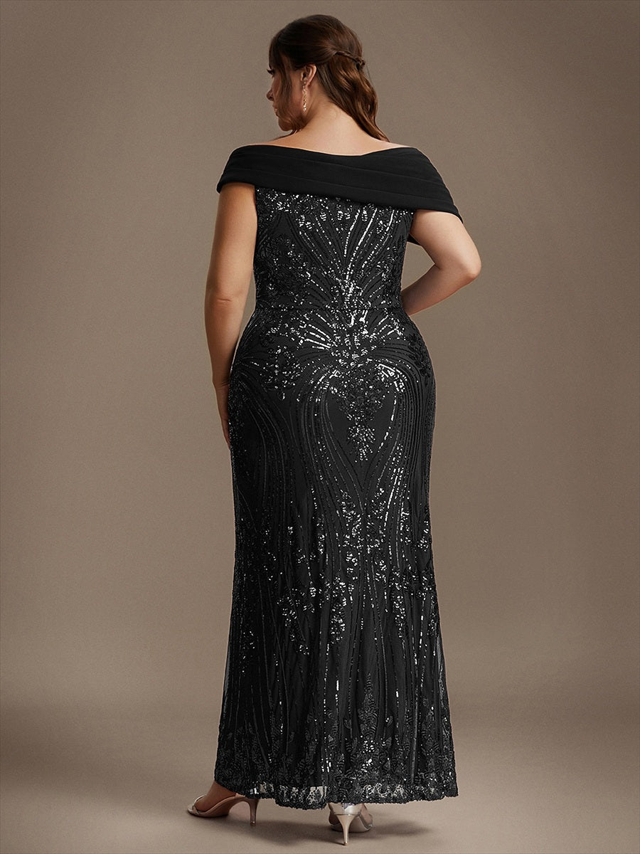 Robe moulante maxi à sequins avec épaules dénudées manches courtes et encolure asymétrique #Couleur_Noir