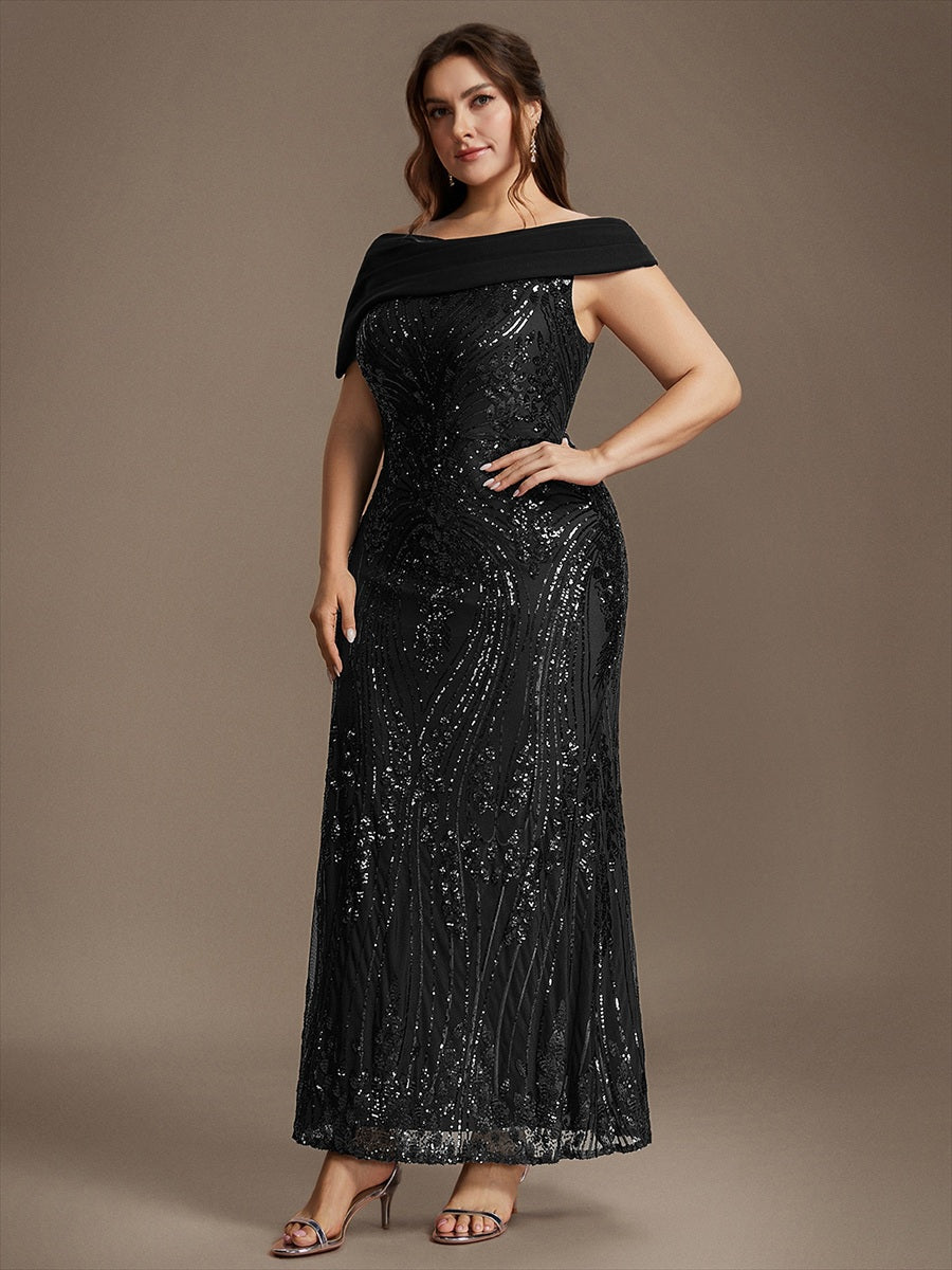 Robe moulante maxi à sequins avec épaules dénudées manches courtes et encolure asymétrique #Couleur_Noir