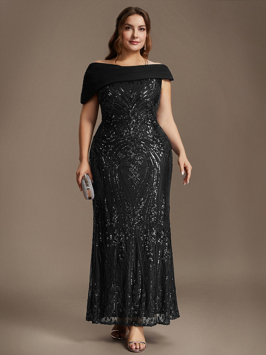 Robe moulante maxi à sequins avec épaules dénudées manches courtes et encolure asymétrique #Couleur_Noir