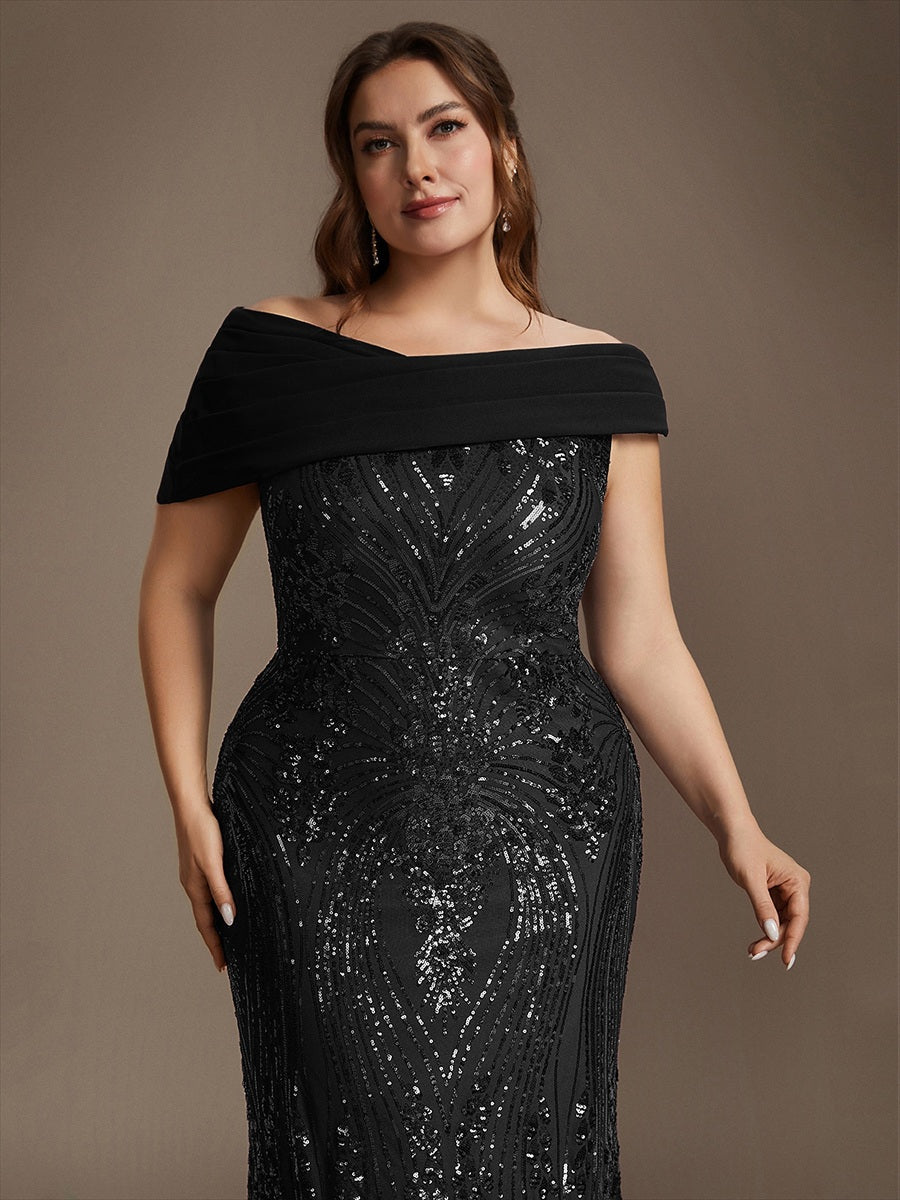 Robe moulante maxi à sequins avec épaules dénudées manches courtes et encolure asymétrique #Couleur_Noir