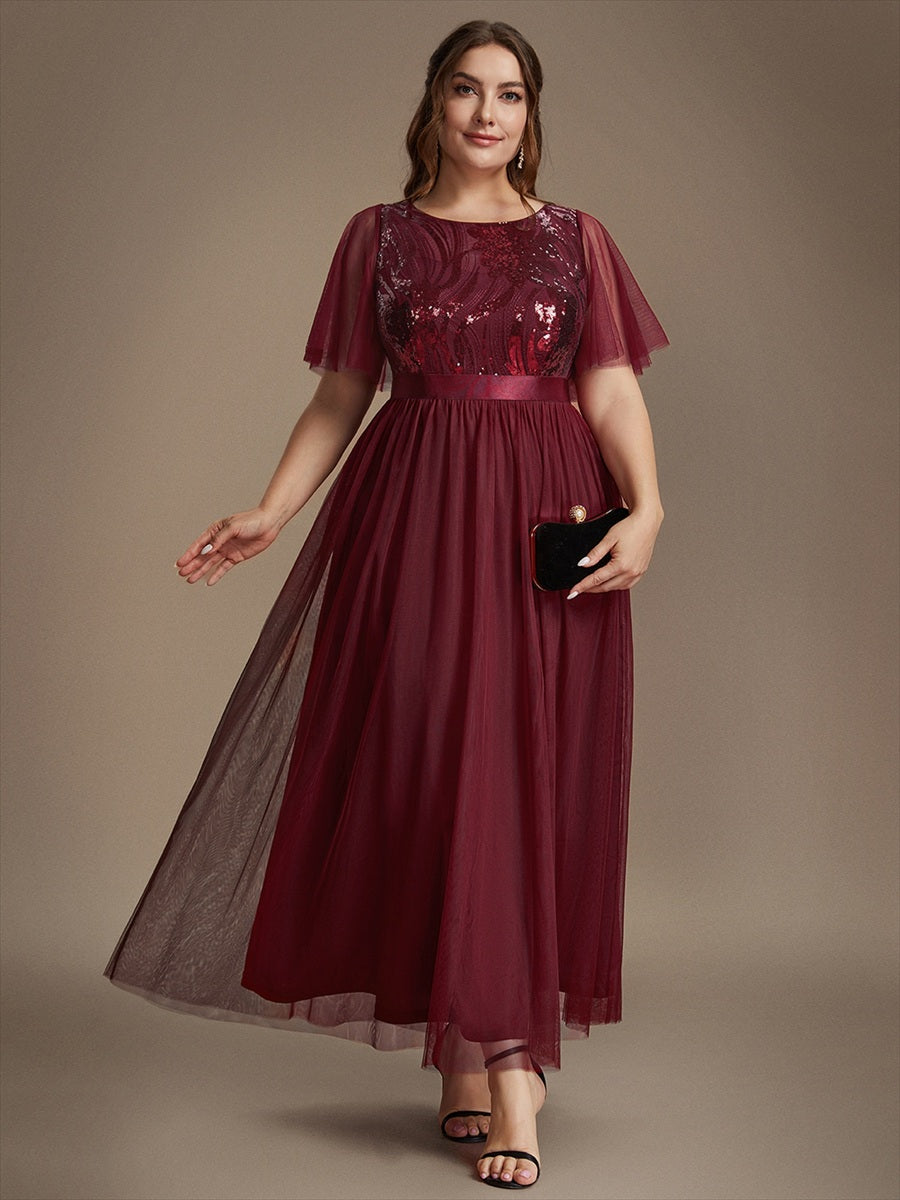 Robe maxi A ligne à manches courtes en sequins col rond #Couleur_Bordeaux