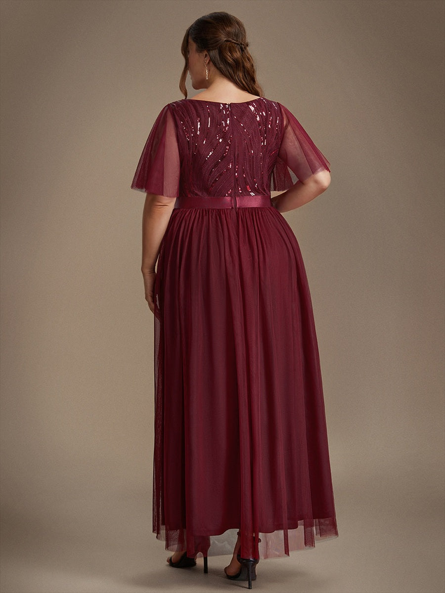 Robe maxi A ligne à manches courtes en sequins col rond #Couleur_Bordeaux