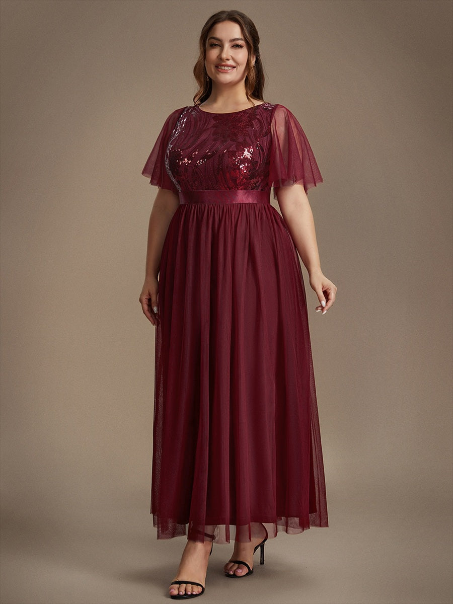 Robe maxi A ligne à manches courtes en sequins col rond #Couleur_Bordeaux