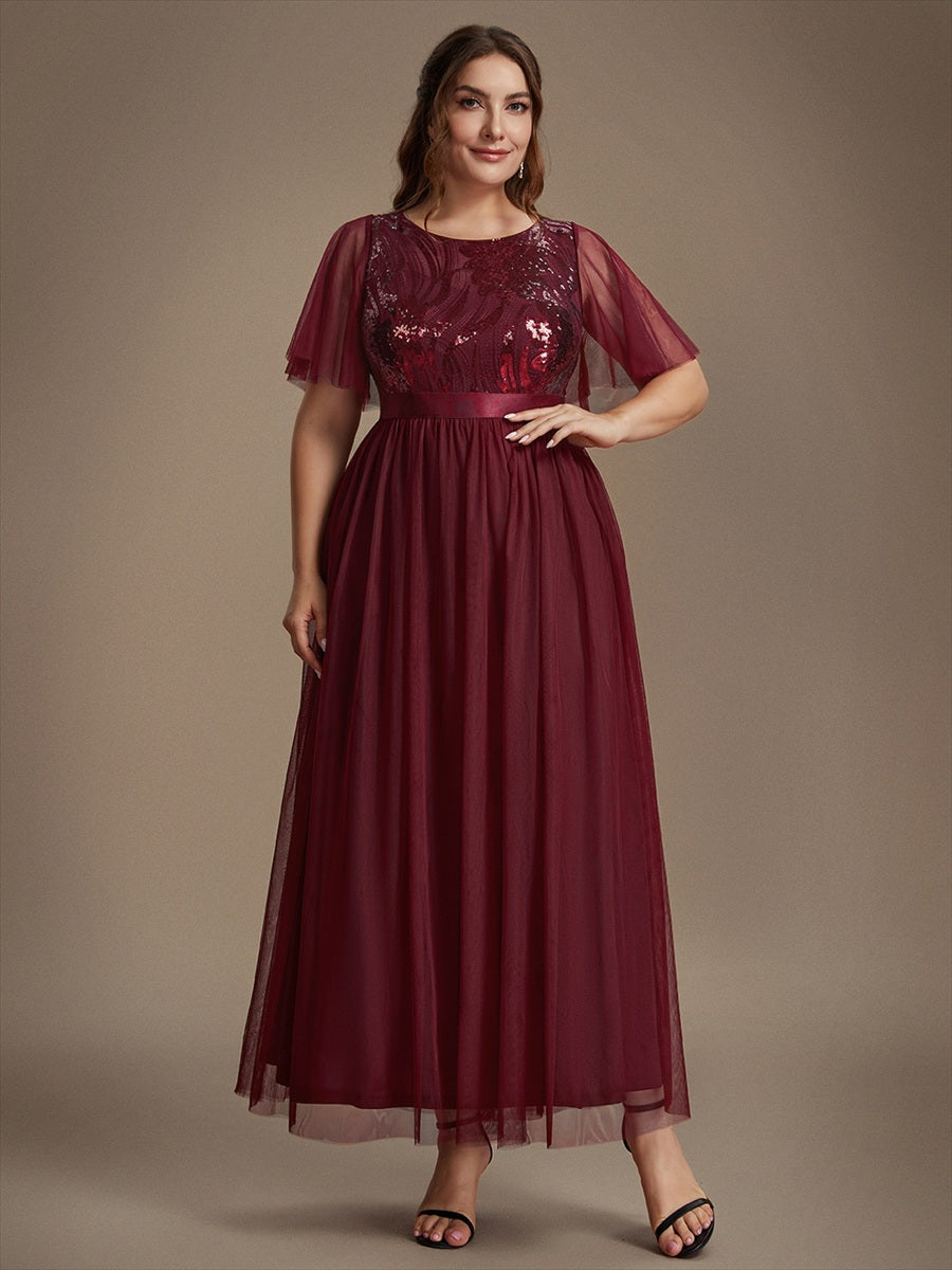 Robe maxi A ligne à manches courtes en sequins col rond #Couleur_Bordeaux