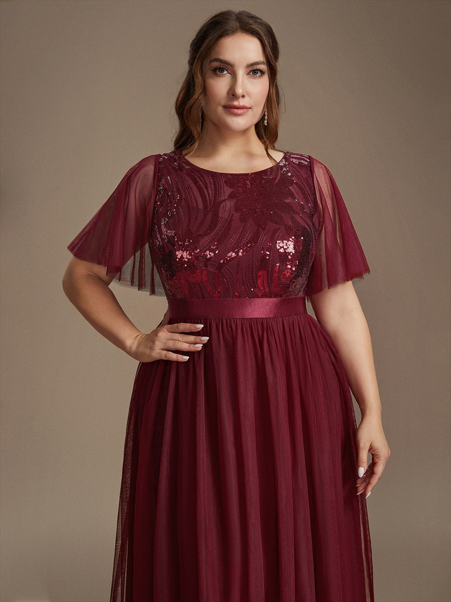 Robe maxi A ligne à manches courtes en sequins col rond #Couleur_Bordeaux