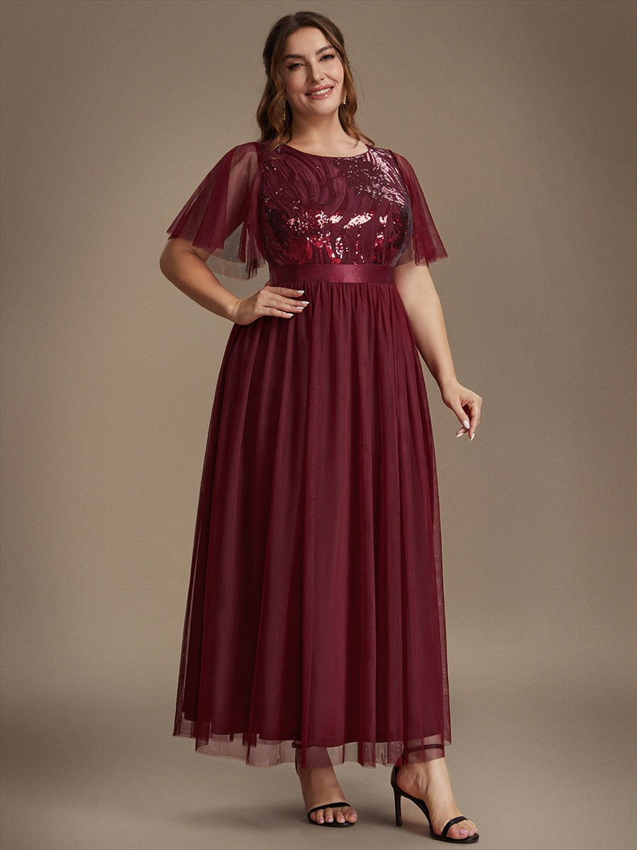 Robe maxi A ligne à manches courtes en sequins col rond #Couleur_Bordeaux