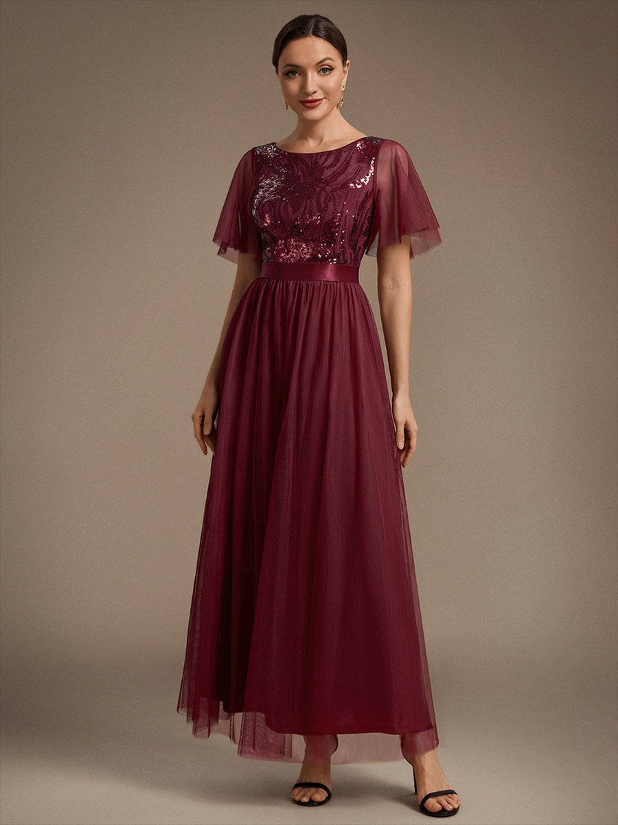Robe maxi A ligne à manches courtes en sequins col rond #Couleur_Bordeaux