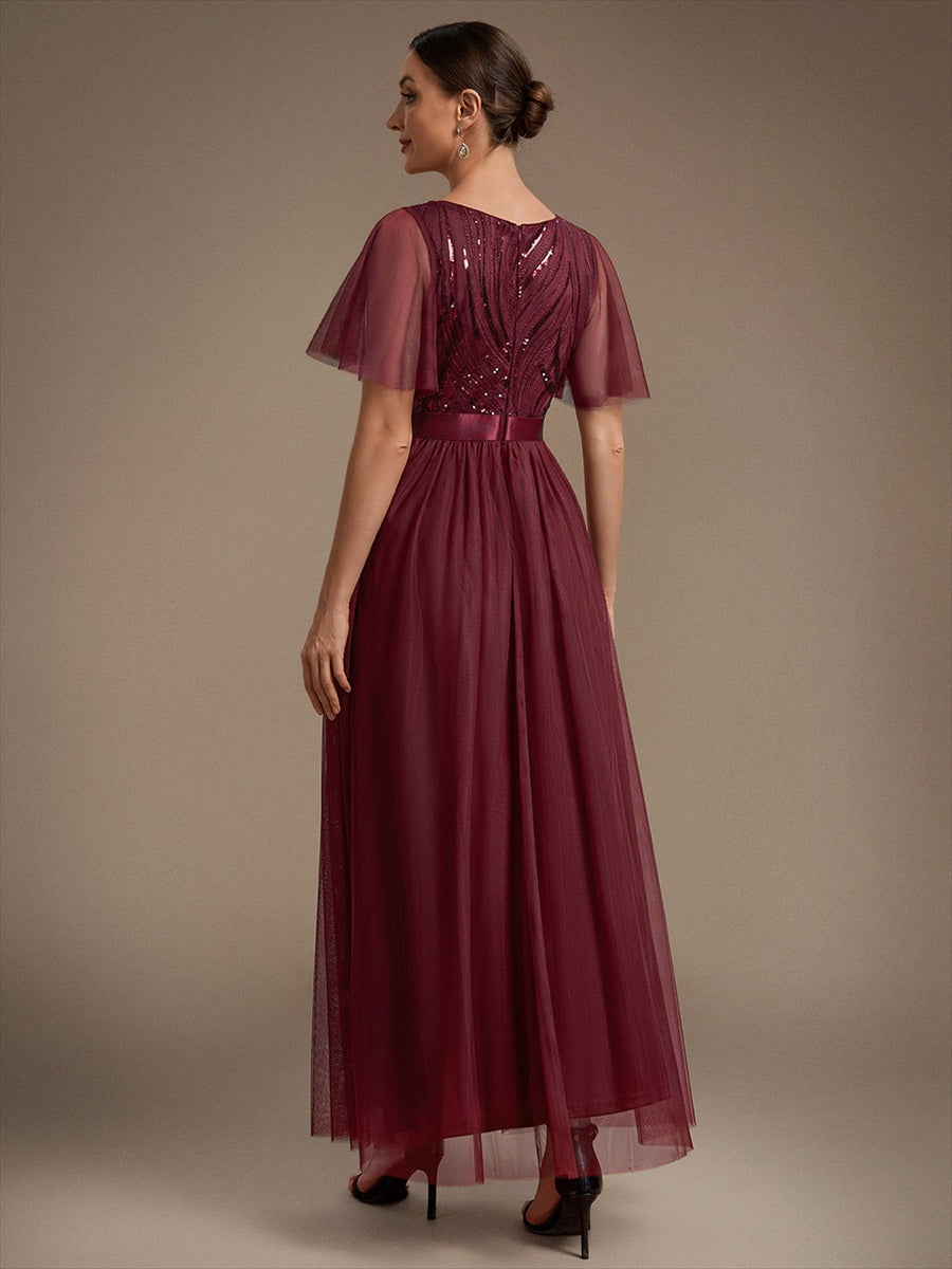 Robe maxi A ligne à manches courtes en sequins col rond #Couleur_Bordeaux
