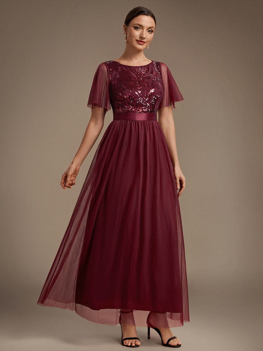Robe maxi A ligne à manches courtes en sequins col rond #Couleur_Bordeaux