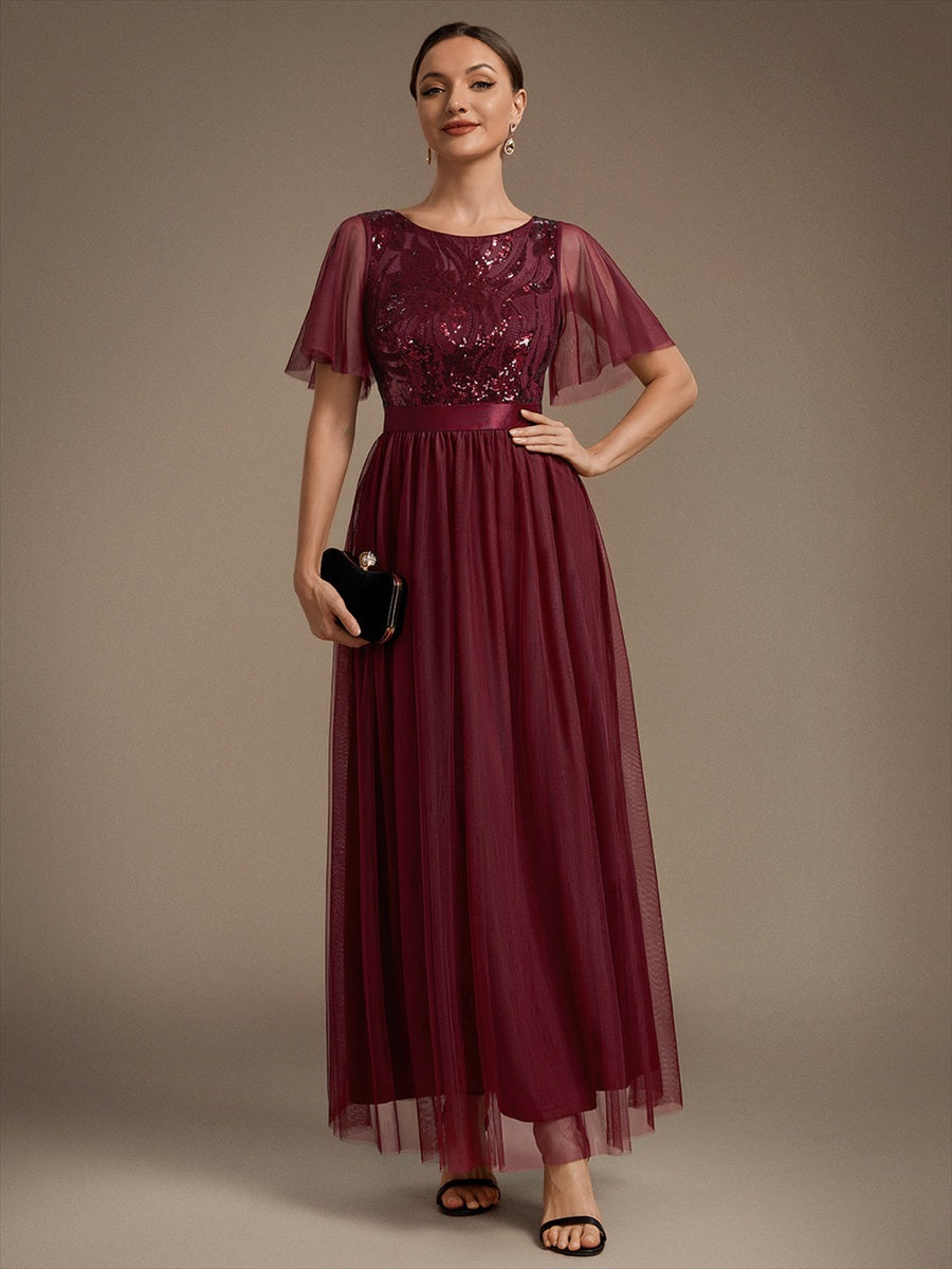 Robe maxi A ligne à manches courtes en sequins col rond #Couleur_Bordeaux