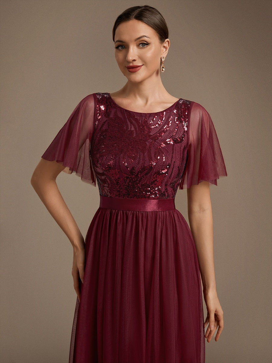 Robe maxi A ligne à manches courtes en sequins col rond #Couleur_Bordeaux