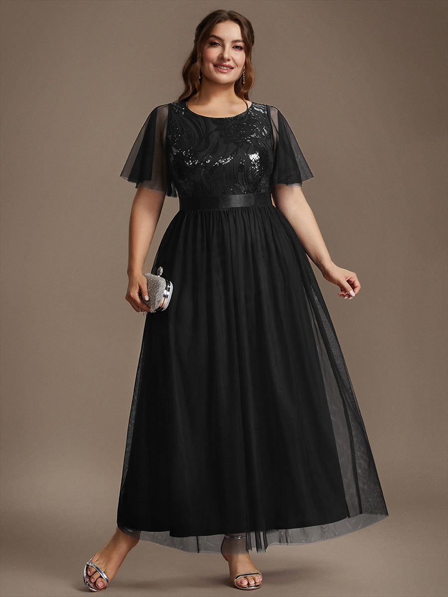 Robe maxi A ligne à manches courtes en sequins col rond #Couleur_Noir