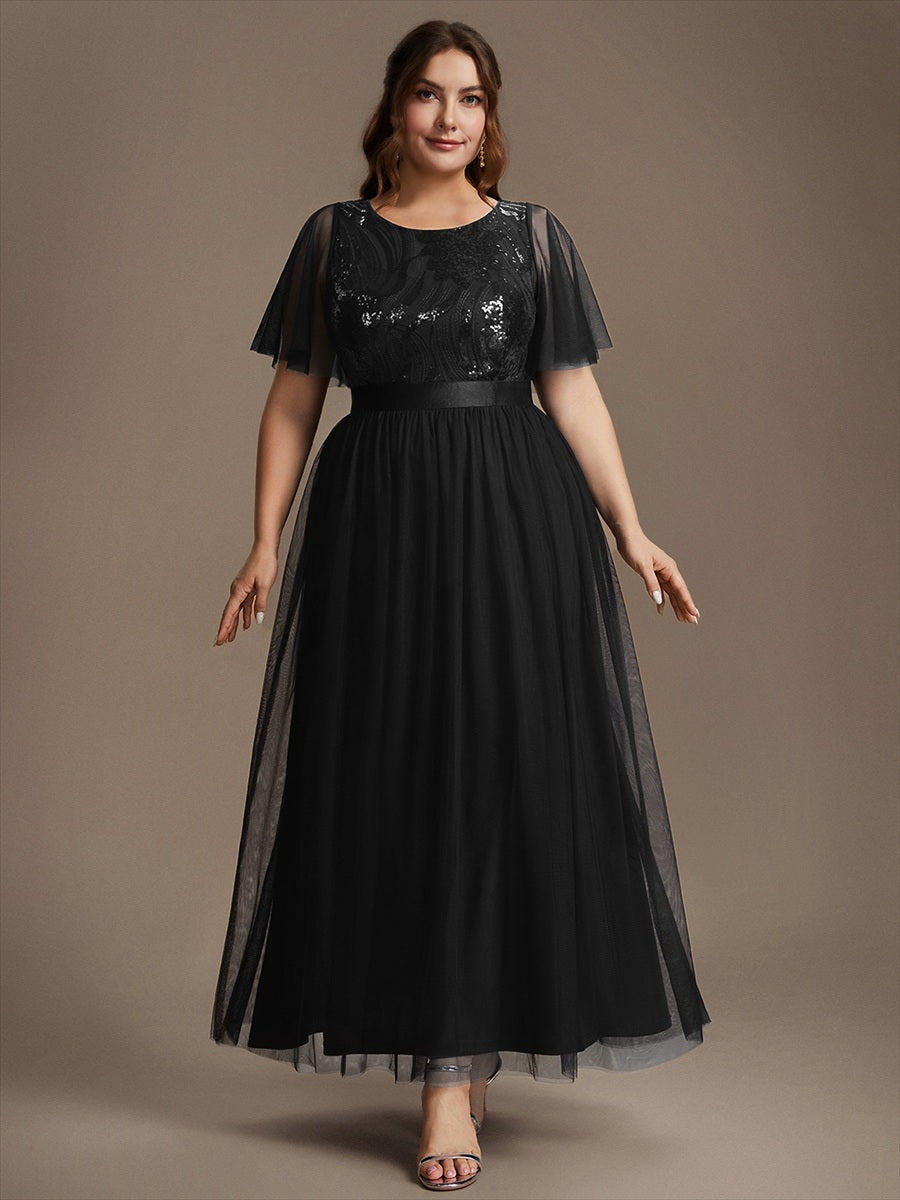 Robe maxi A ligne à manches courtes en sequins col rond #Couleur_Noir