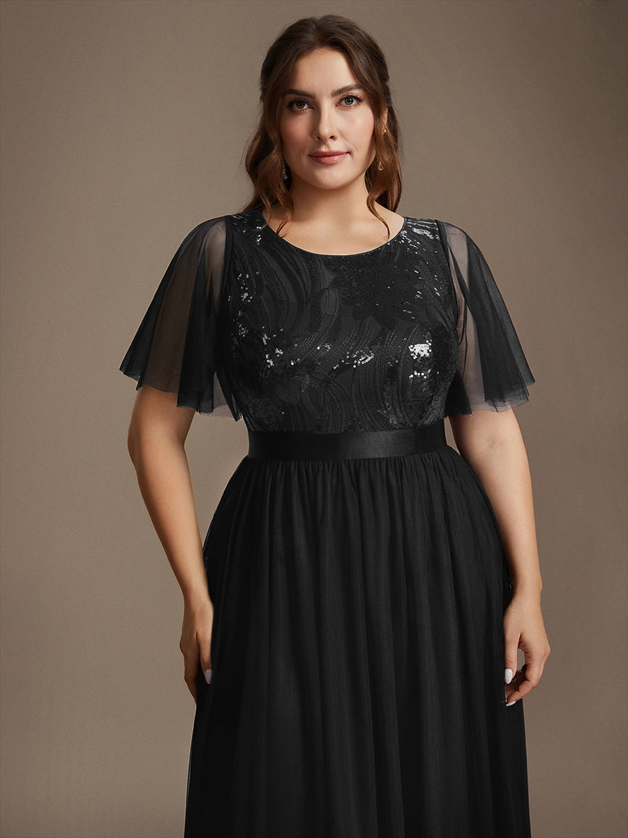 Robe maxi A ligne à manches courtes en sequins col rond #Couleur_Noir