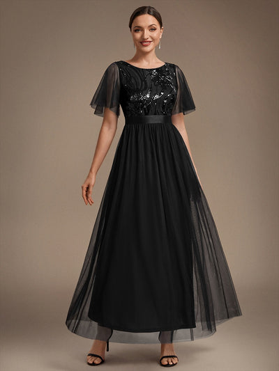 Robe de Soirée Longue Trapèze à Paillettes et Manches Volantées