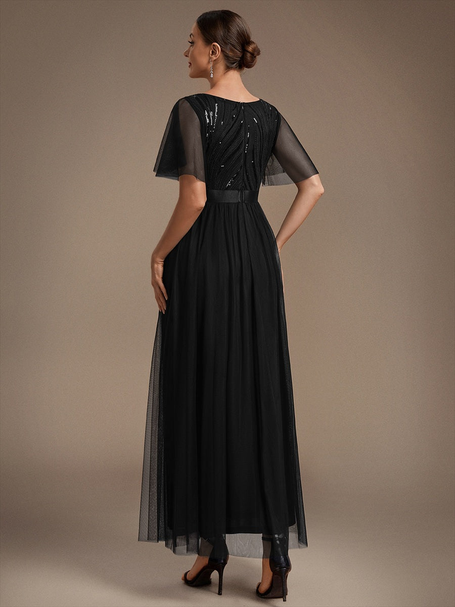 Robe maxi A ligne à manches courtes en sequins col rond #Couleur_Noir