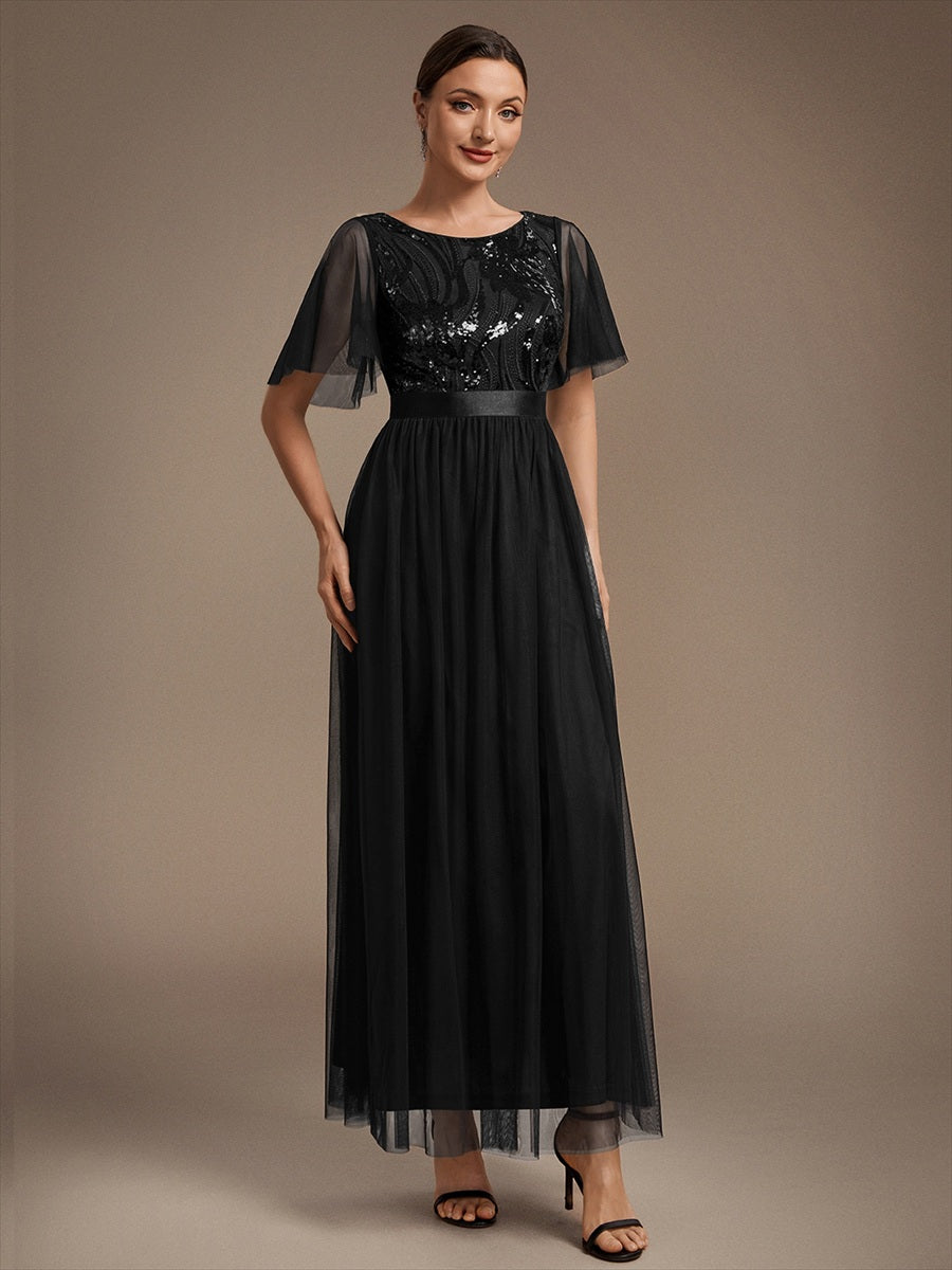 Robe maxi A ligne à manches courtes en sequins col rond #Couleur_Noir