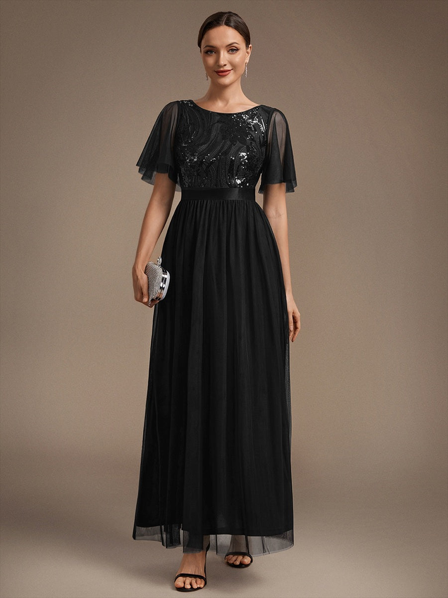 Robe maxi A ligne à manches courtes en sequins col rond #Couleur_Noir