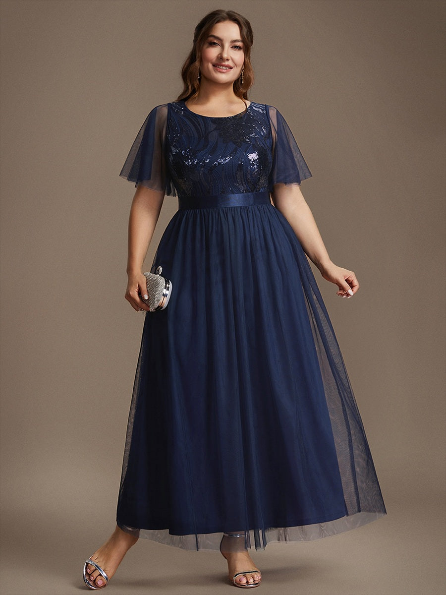 Robe maxi A ligne à manches courtes en sequins col rond #Couleur_Bleu Marine
