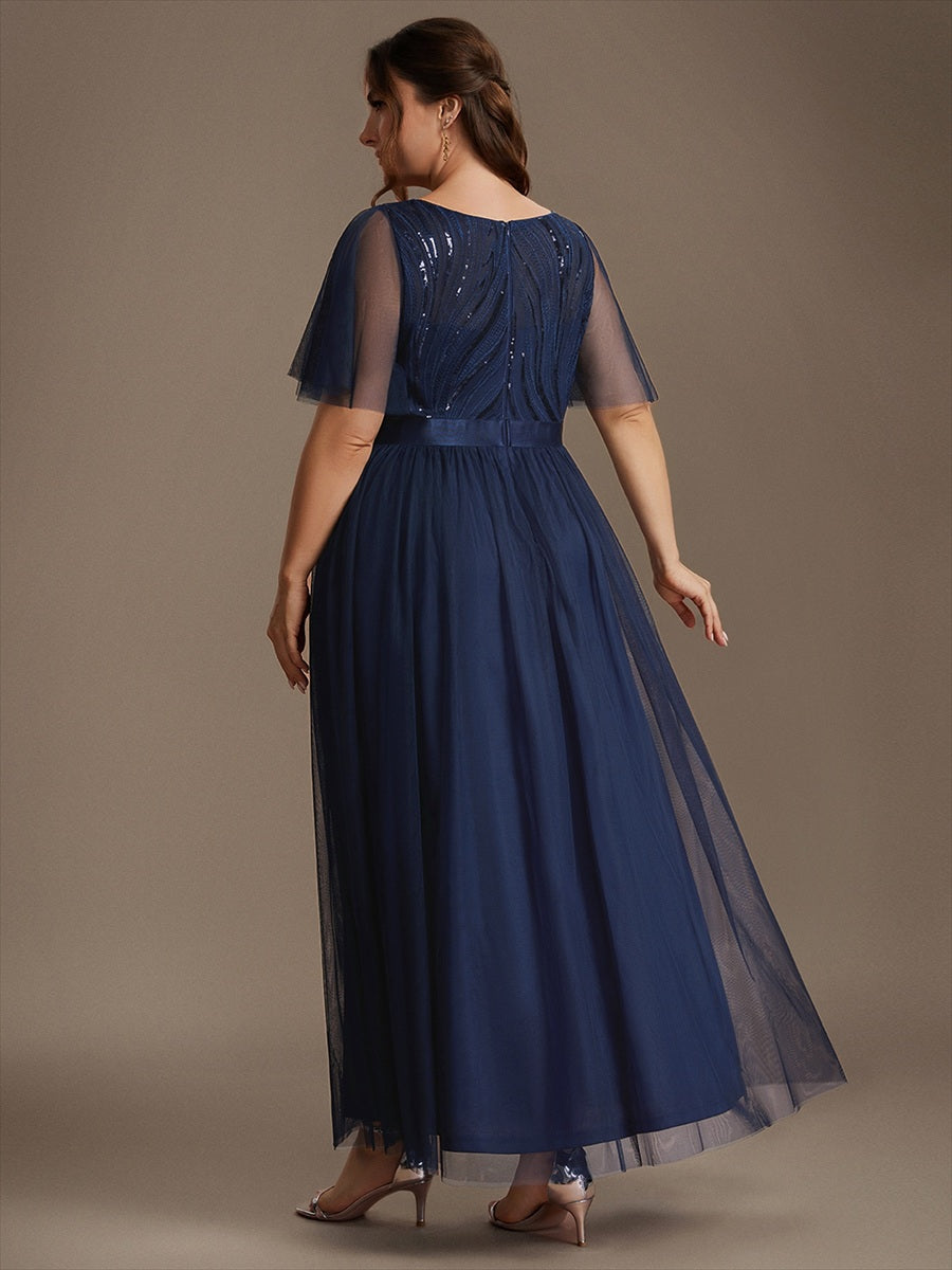 Robe maxi A ligne à manches courtes en sequins col rond #Couleur_Bleu Marine