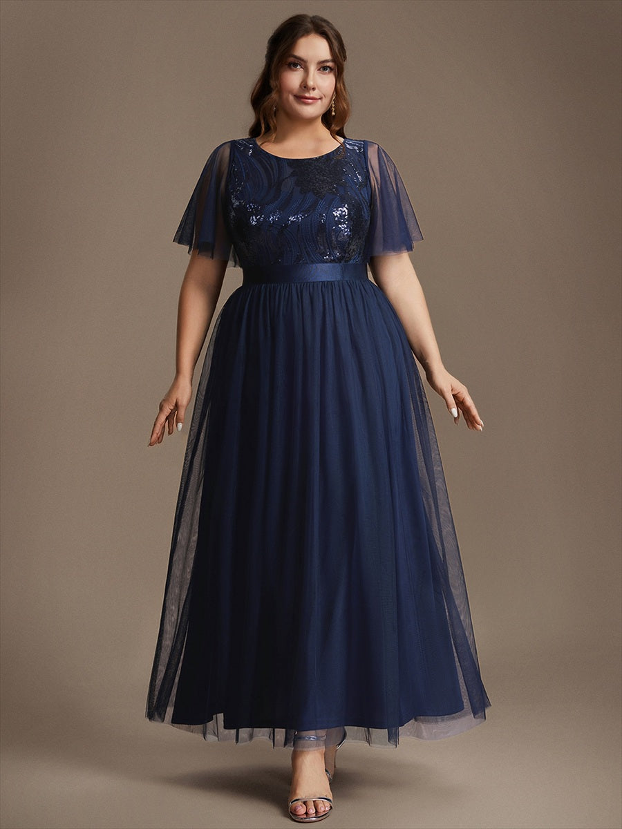 Robe maxi A ligne à manches courtes en sequins col rond #Couleur_Bleu Marine