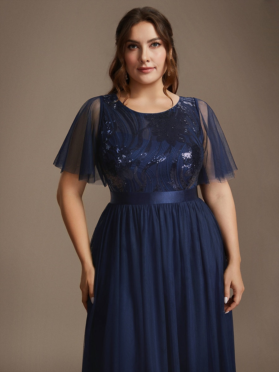 Robe maxi A ligne à manches courtes en sequins col rond #Couleur_Bleu Marine