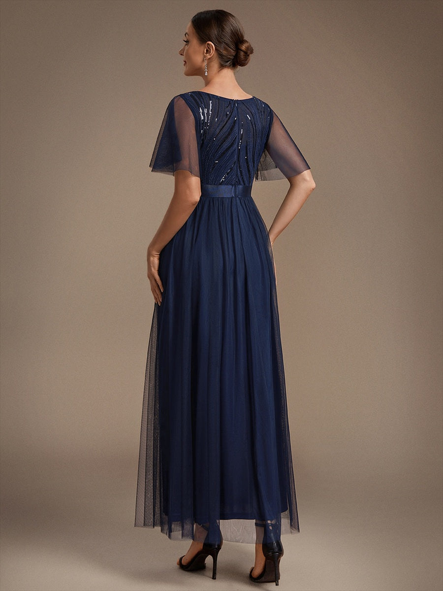 Robe maxi A ligne à manches courtes en sequins col rond #Couleur_Bleu Marine