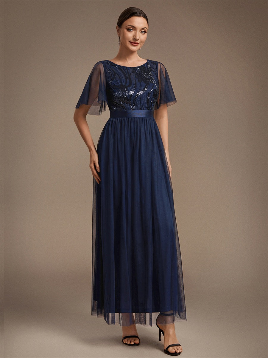 Robe maxi A ligne à manches courtes en sequins col rond #Couleur_Bleu Marine
