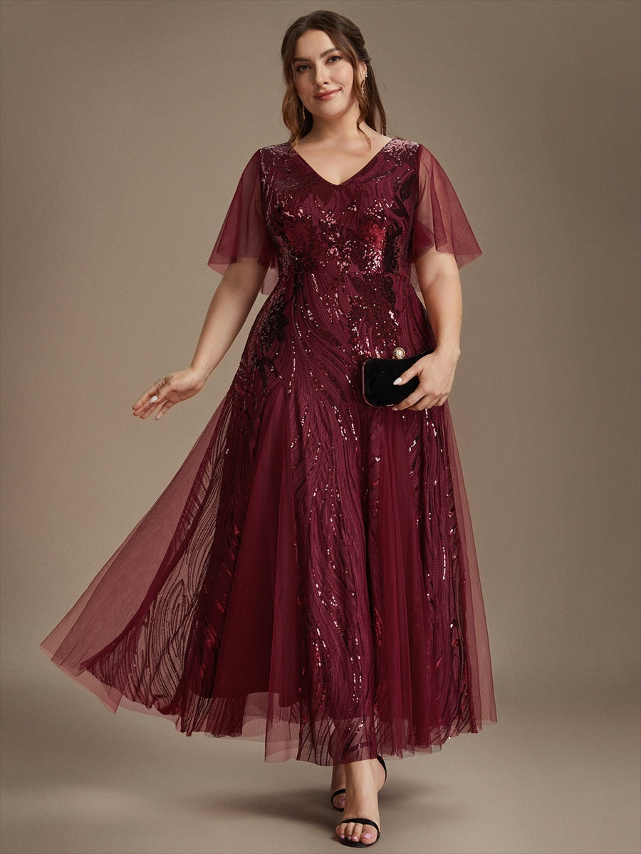 robe maxi à manches courtes en V avec sequins et ourlet volanté #Couleur_Bordeaux