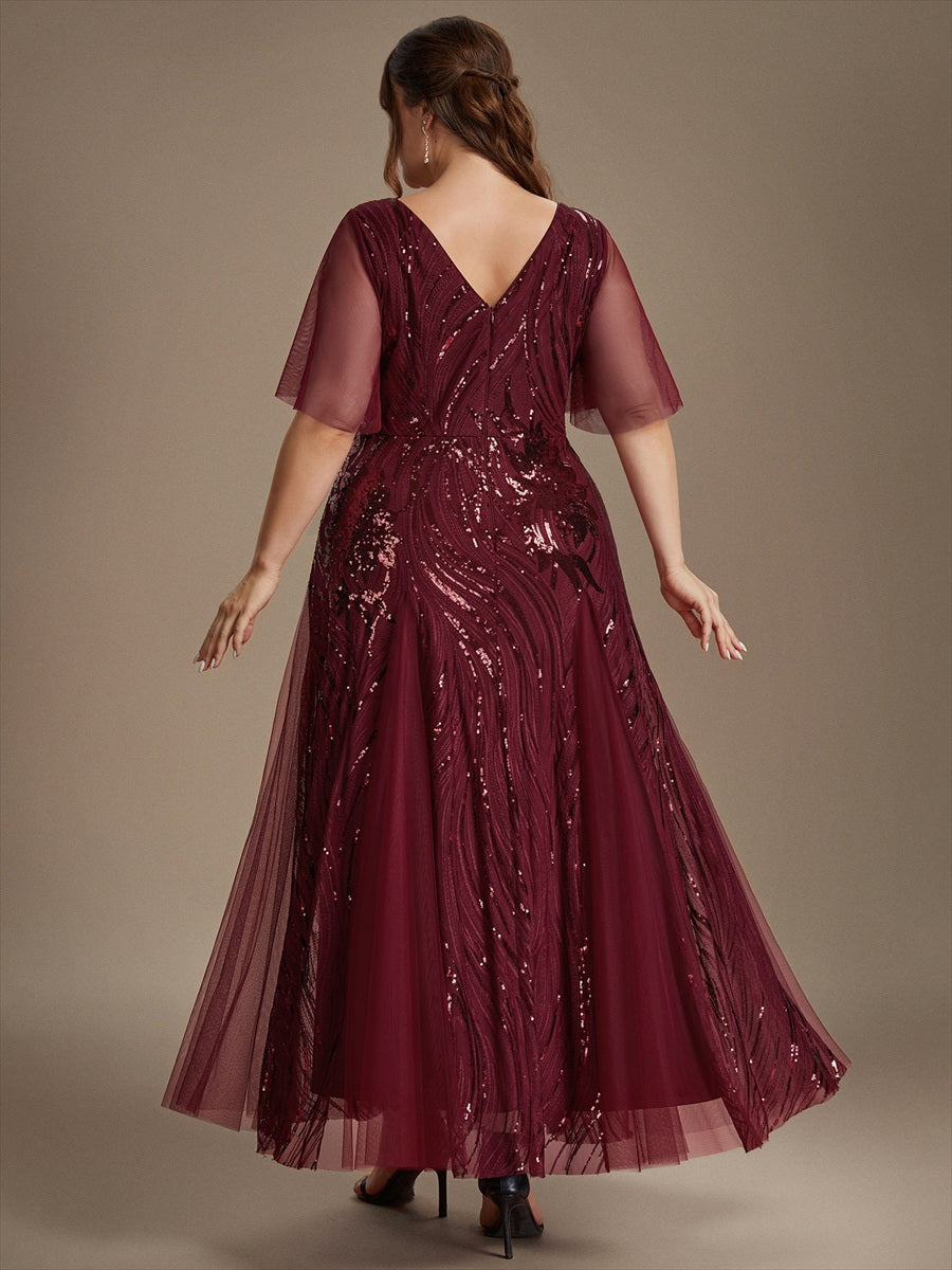 robe maxi à manches courtes en V avec sequins et ourlet volanté #Couleur_Bordeaux