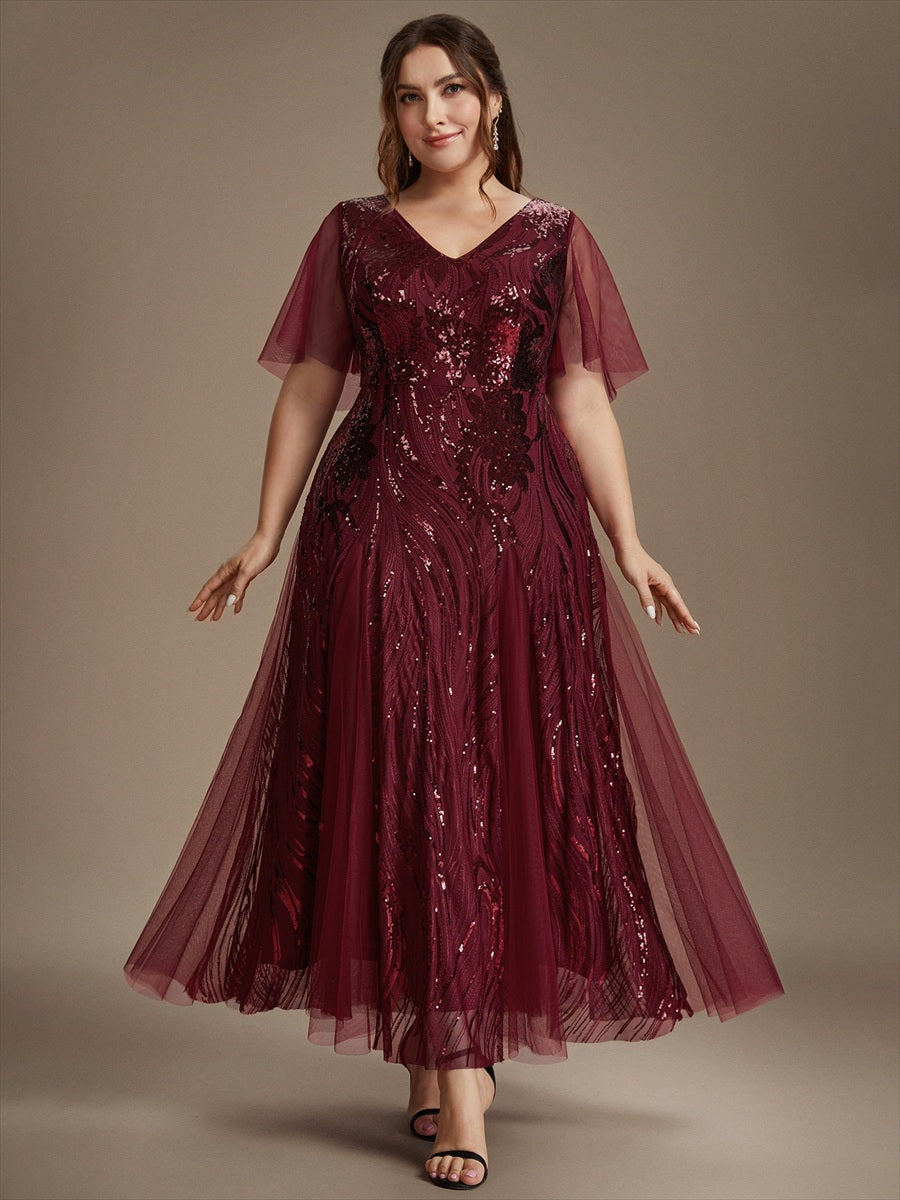 robe maxi à manches courtes en V avec sequins et ourlet volanté #Couleur_Bordeaux