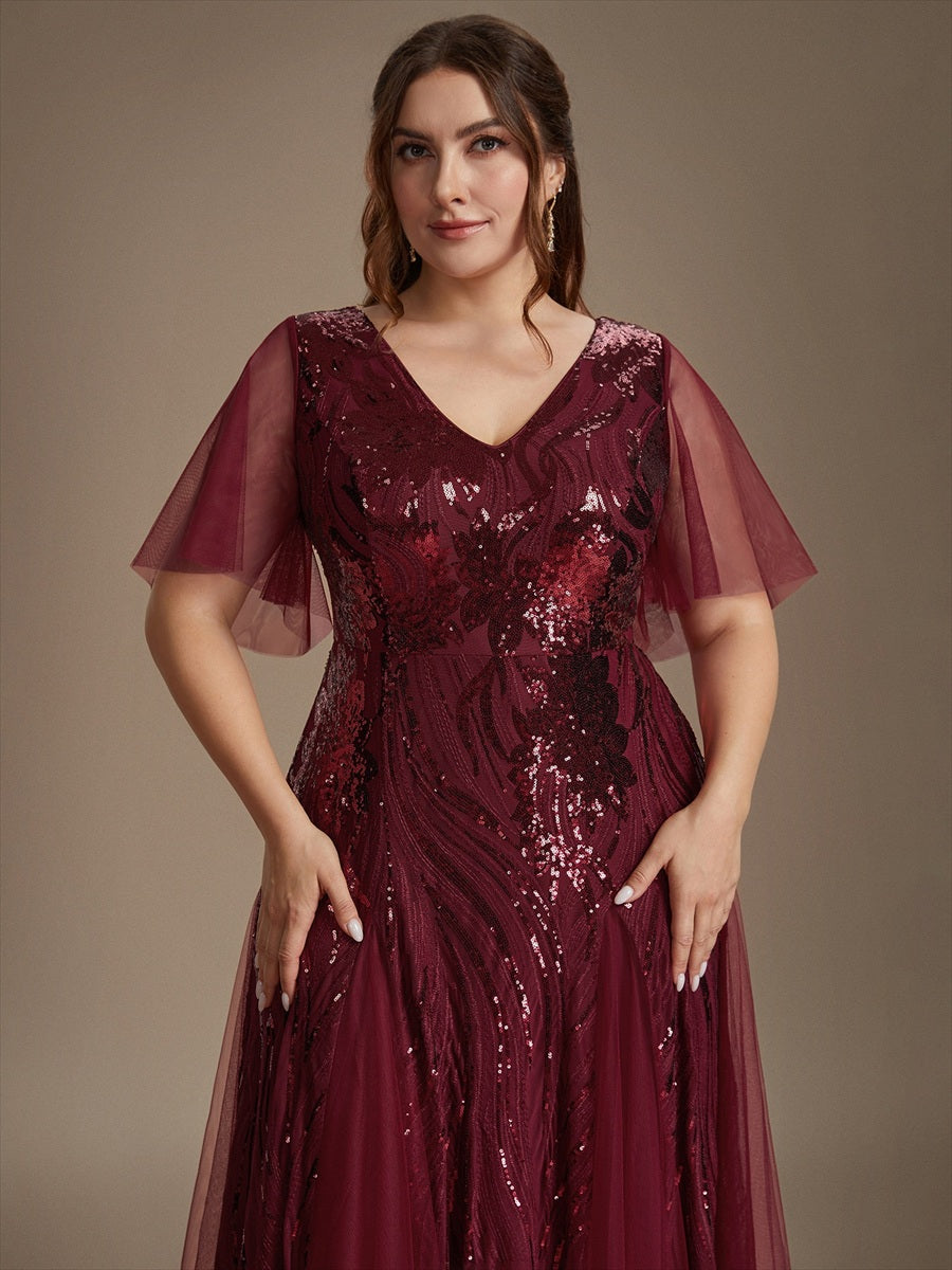 robe maxi à manches courtes en V avec sequins et ourlet volanté #Couleur_Bordeaux