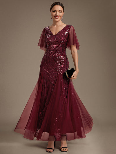 Robe longue en tulle à paillettes avec manches volantées