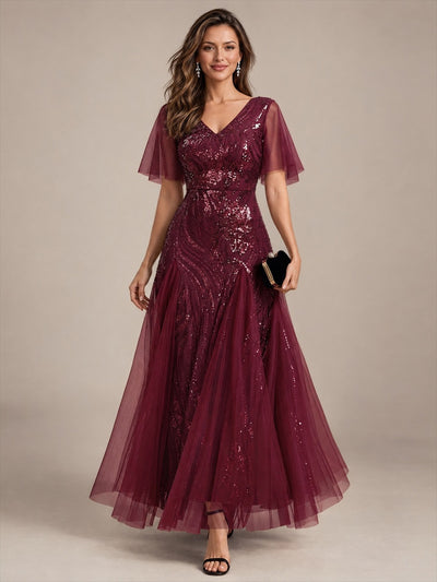 Robe longue en tulle à paillettes avec manches volantées