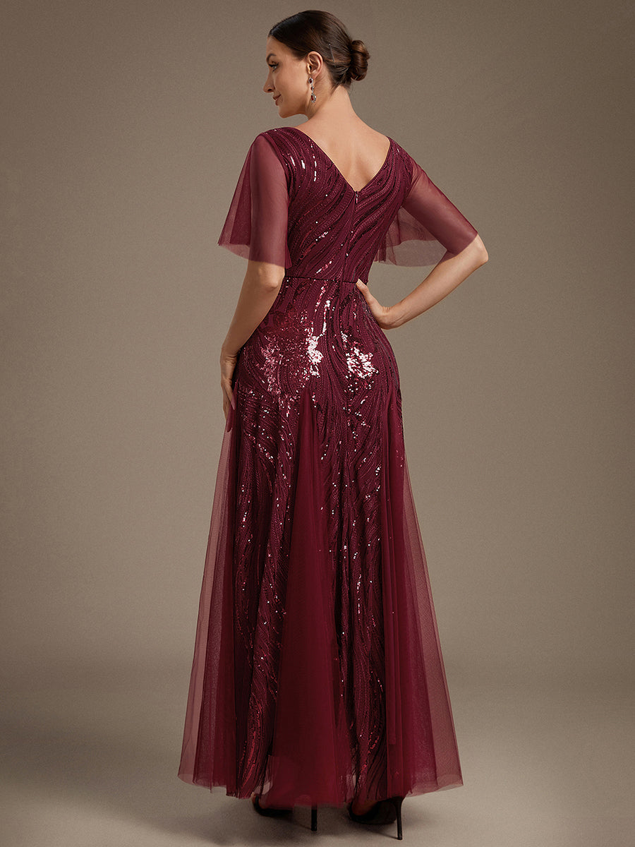 robe maxi à manches courtes en V avec sequins et ourlet volanté #Couleur_Bordeaux