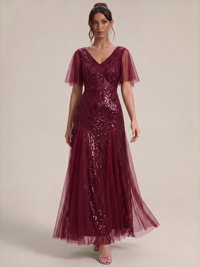 Robe longue en tulle à paillettes avec manches volantées