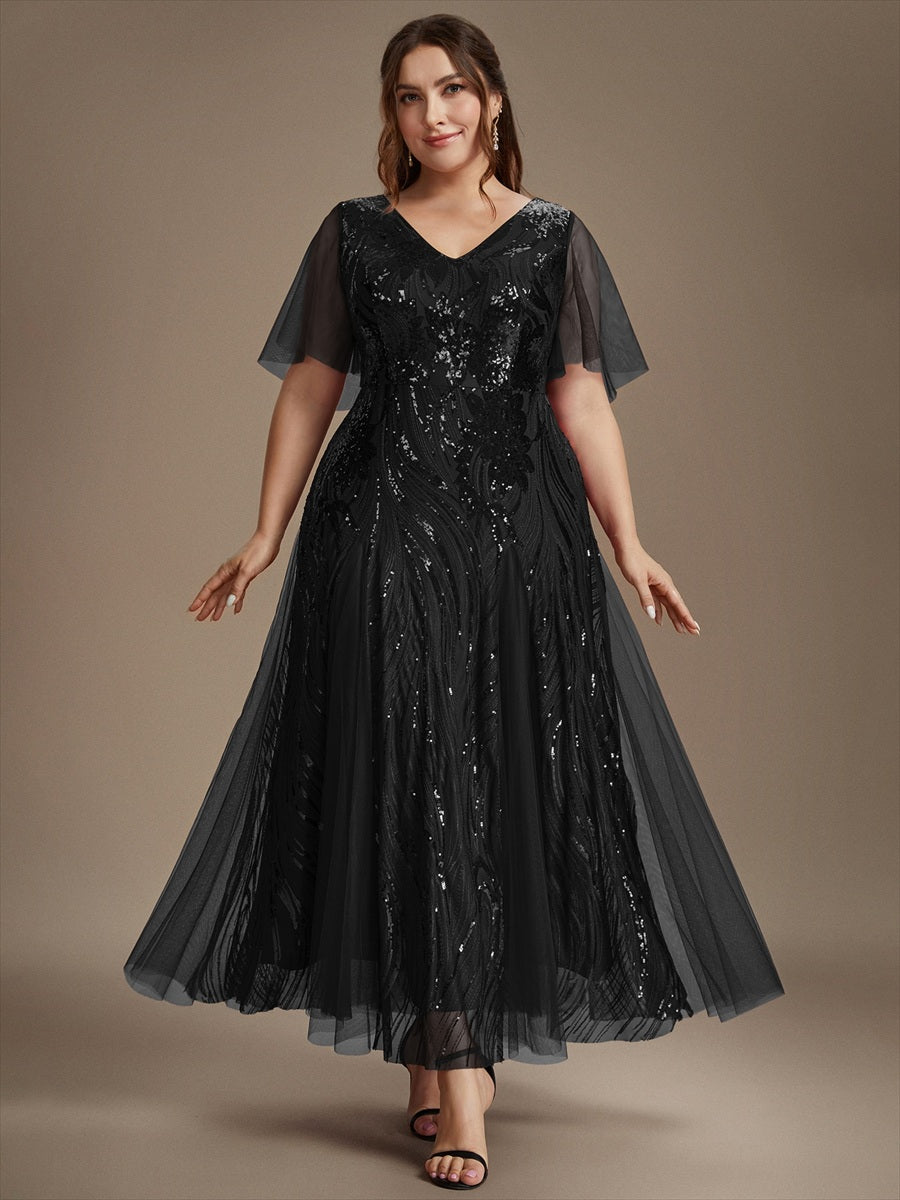 robe maxi à manches courtes en V avec sequins et ourlet volanté #Couleur_Noir
