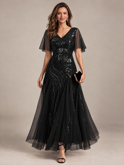 Robe longue en tulle à paillettes avec manches volantées