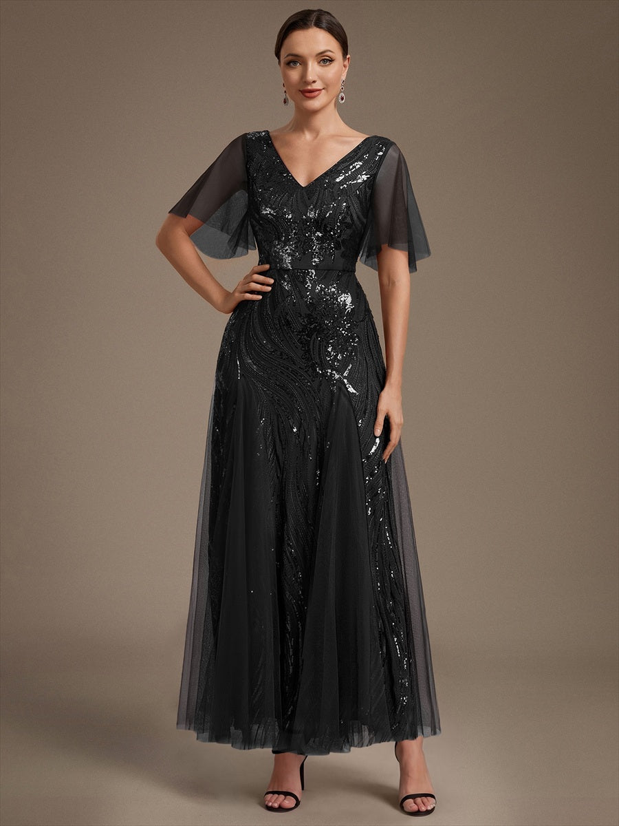 robe maxi à manches courtes en V avec sequins et ourlet volanté #Couleur_Noir