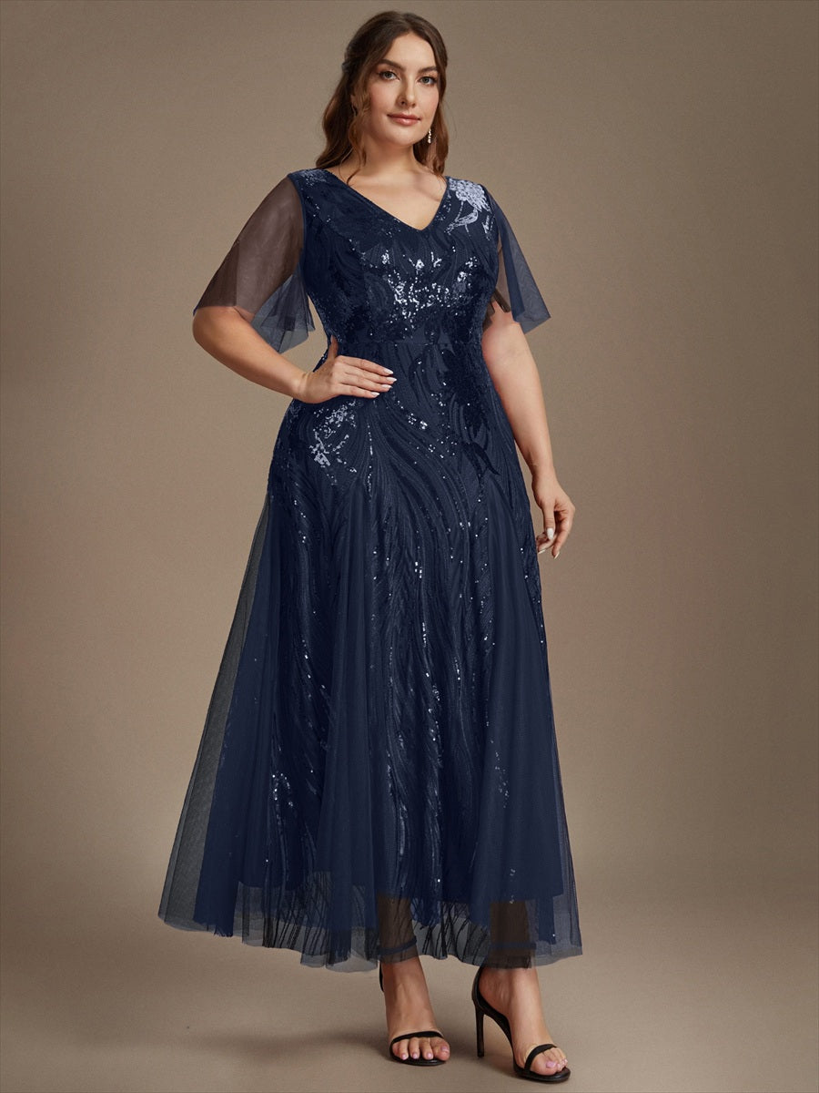 robe maxi à manches courtes en V avec sequins et ourlet volanté #Couleur_Bleu Marine
