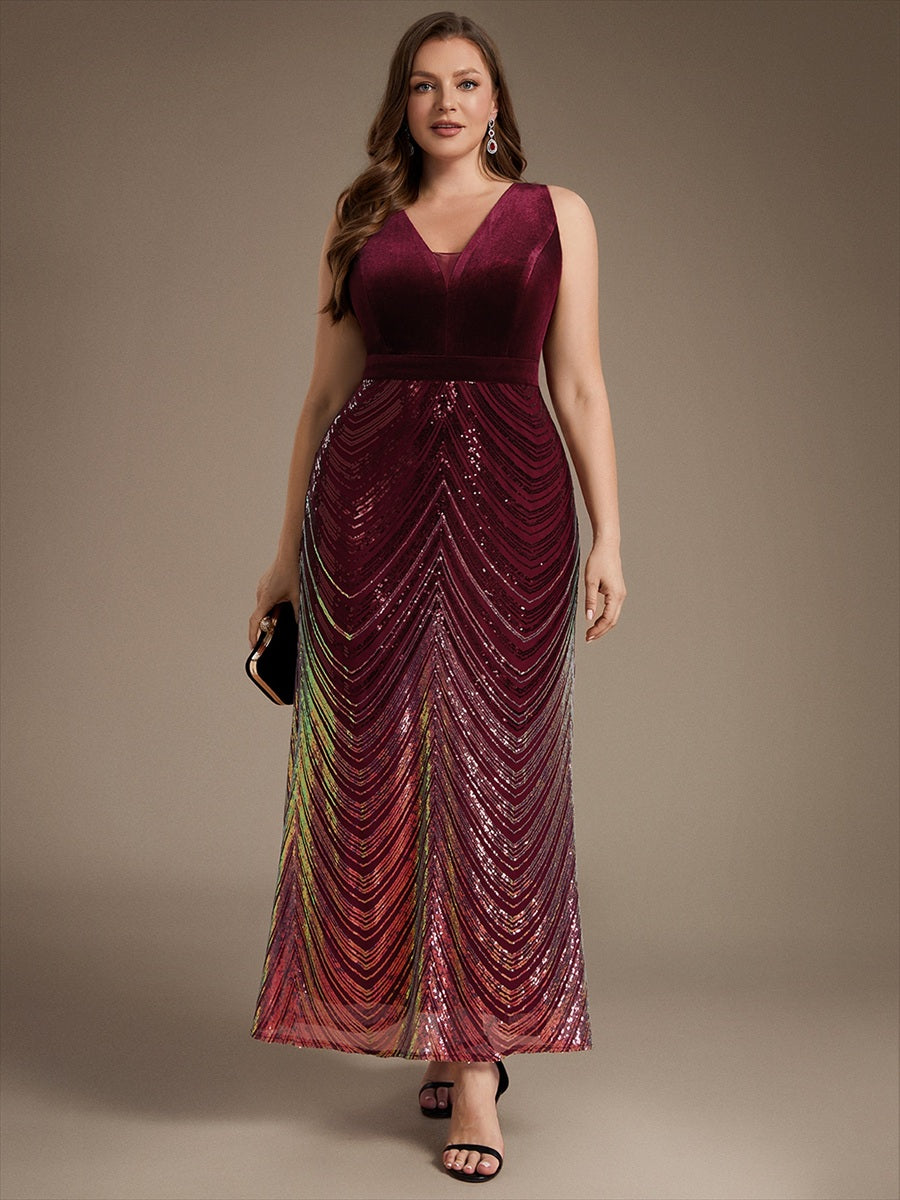 Robe sirène sans manches à décolleté en V maxi longueur avec fermeture éclair au dos #Couleur_Bordeaux
