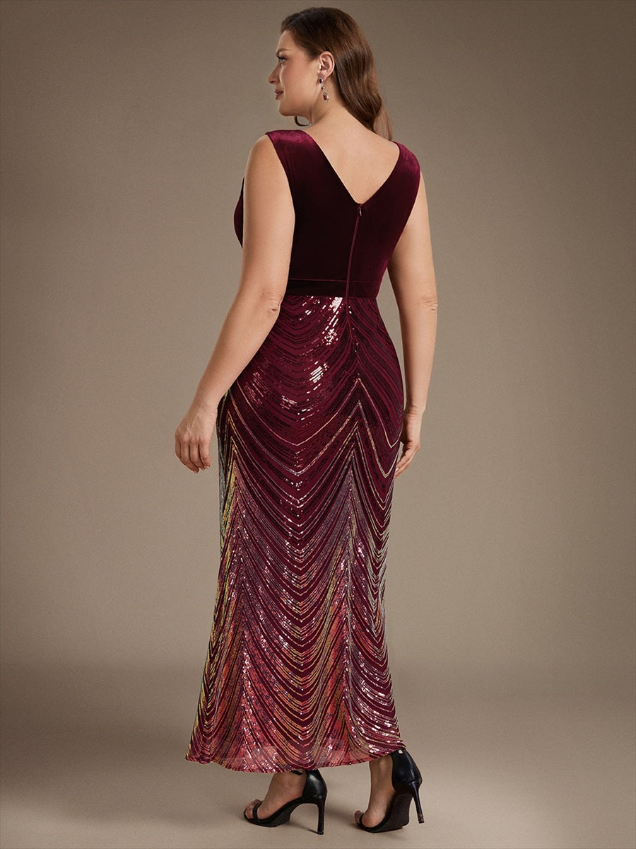 Robe sirène sans manches à décolleté en V maxi longueur avec fermeture éclair au dos #Couleur_Bordeaux