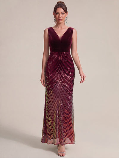 Robe longue sirène à paillettes dégradées avec col V