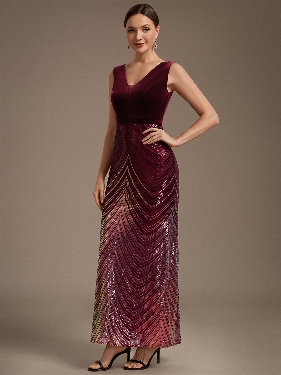 Robe sirène sans manches à décolleté en V maxi longueur avec fermeture éclair au dos #Couleur_Bordeaux
