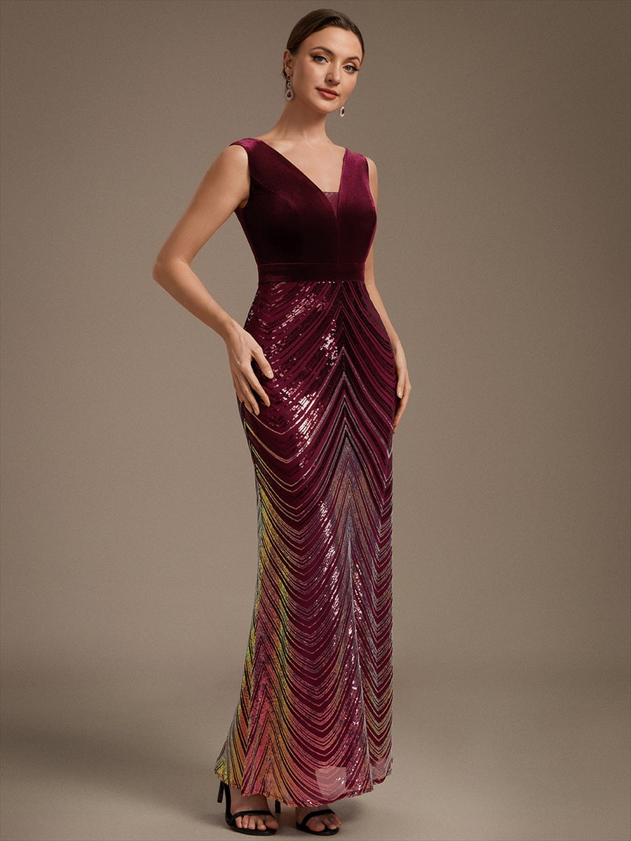 Robe sirène sans manches à décolleté en V maxi longueur avec fermeture éclair au dos #Couleur_Bordeaux