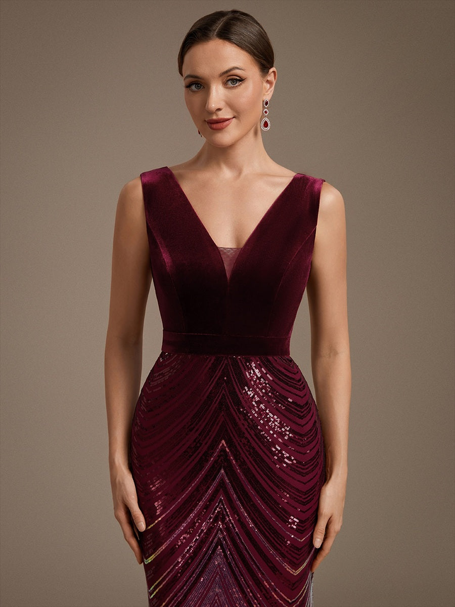 Robe sirène sans manches à décolleté en V maxi longueur avec fermeture éclair au dos #Couleur_Bordeaux