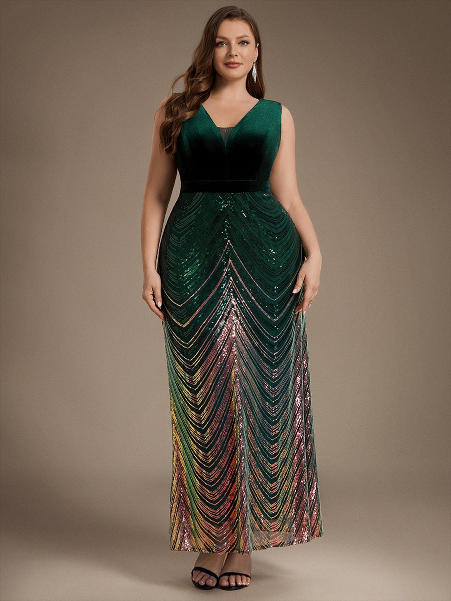 Robe sirène sans manches à décolleté en V maxi longueur avec fermeture éclair au dos #Couleur_Vert Fonce