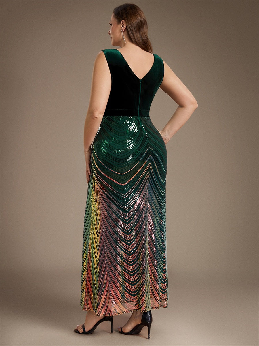 Robe sirène sans manches à décolleté en V maxi longueur avec fermeture éclair au dos #Couleur_Vert Fonce
