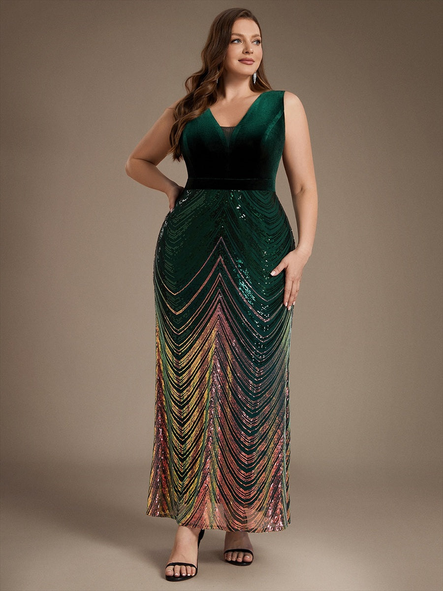 Robe sirène sans manches à décolleté en V maxi longueur avec fermeture éclair au dos #Couleur_Vert Fonce