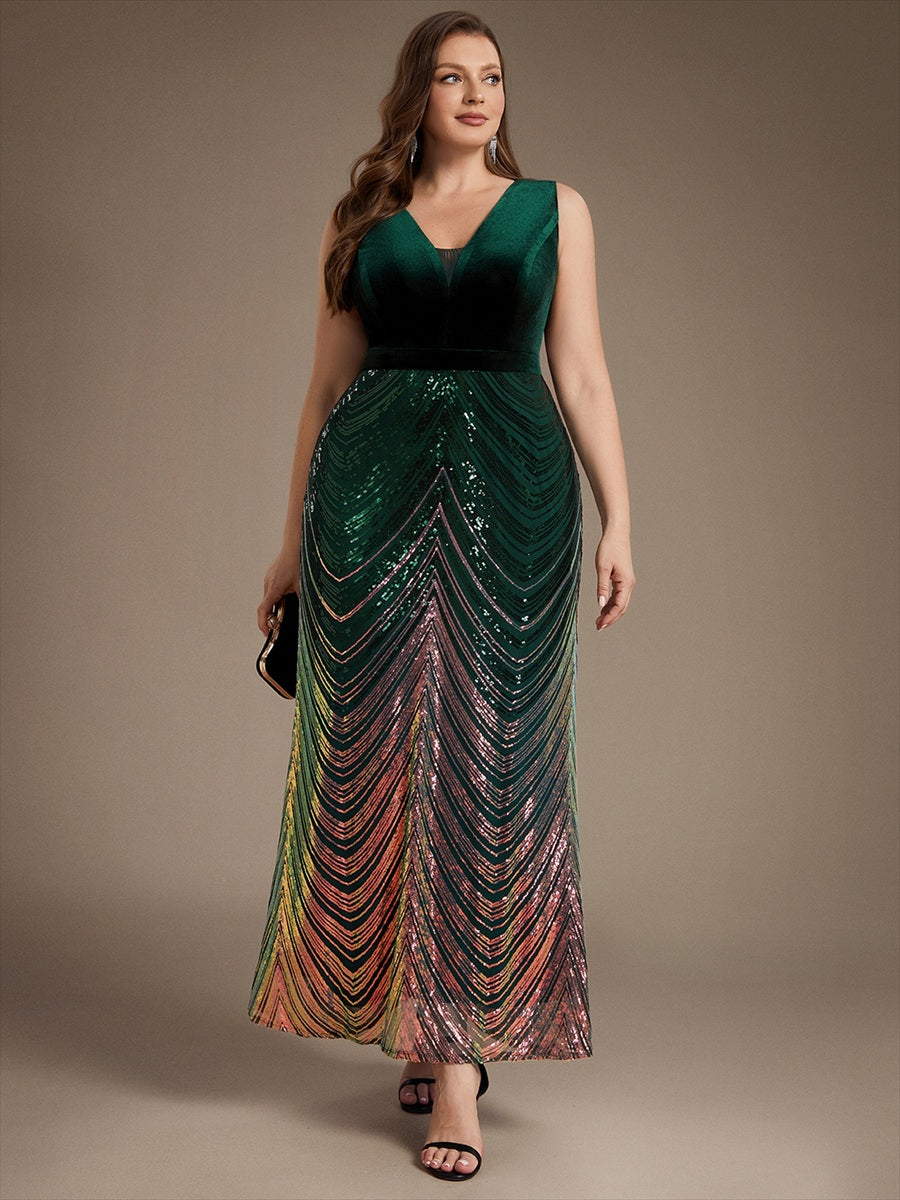 Robe sirène sans manches à décolleté en V maxi longueur avec fermeture éclair au dos #Couleur_Vert Fonce
